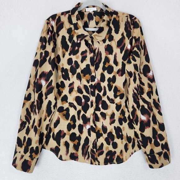 Grey Lab Shirt Womens XL Tan Black Leopard Print Button Down Long Sleeve Blouse - Picture 1 of 11